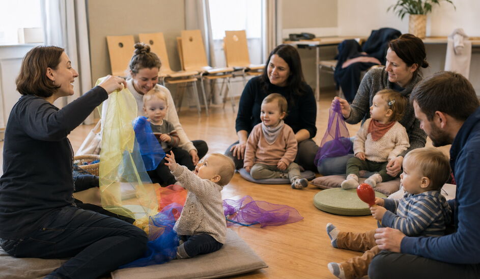 Symbolbild (KI-generiert): Eltern und Bezugspersonen sitzen mit ihren Kleinkindern im Kreis und spielen gemeinsam mit bunten Tüchern während einer BabySong-Stunde.