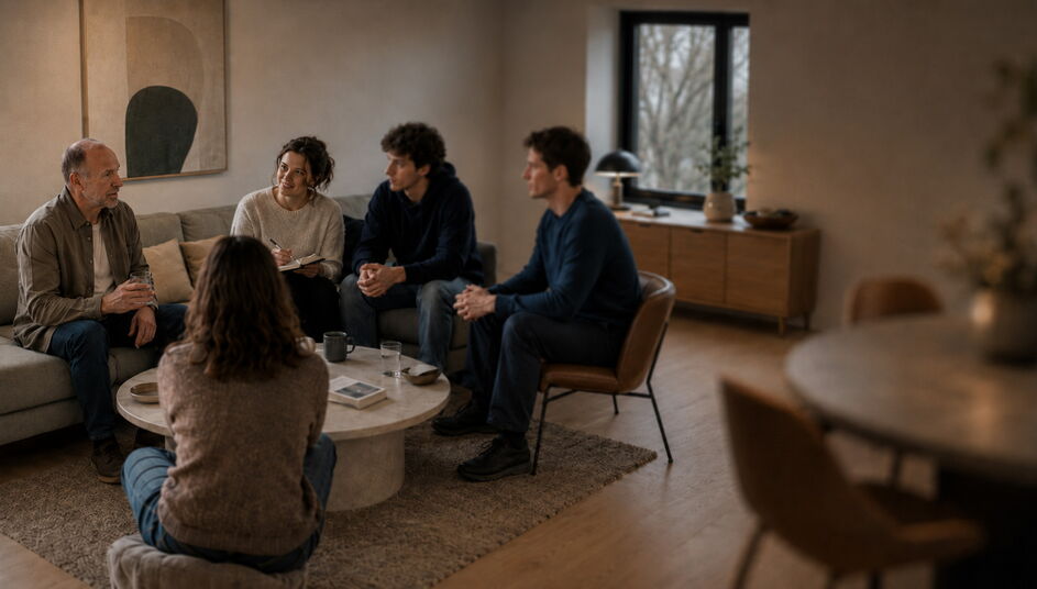 Symbolbild (KI-generiert): Fünf Erwachsene sitzen in einem gemütlichen Wohnzimmer zusammen und tauschen sich in einer Gesprächsrunde aus. Auf dem Tisch liegen Bücher und stehen Getränke.